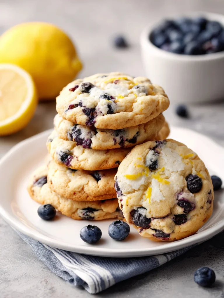 Lemon blueberry cheesecake cookies stacked on a plate with fresh blueberries.