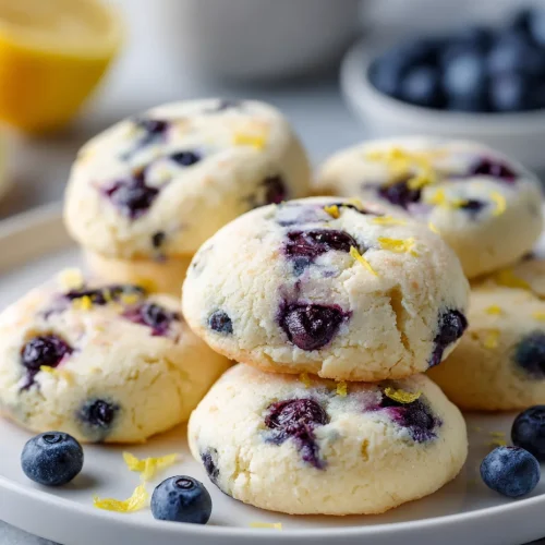 Lemon blueberry cheesecake cookies with fresh blueberries and lemon zest.