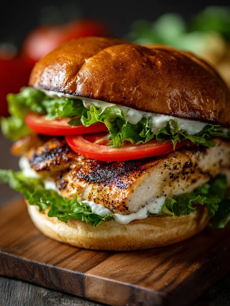 Lemon pepper chicken sandwich with grilled chicken, lettuce, tomato, and creamy sauce.
