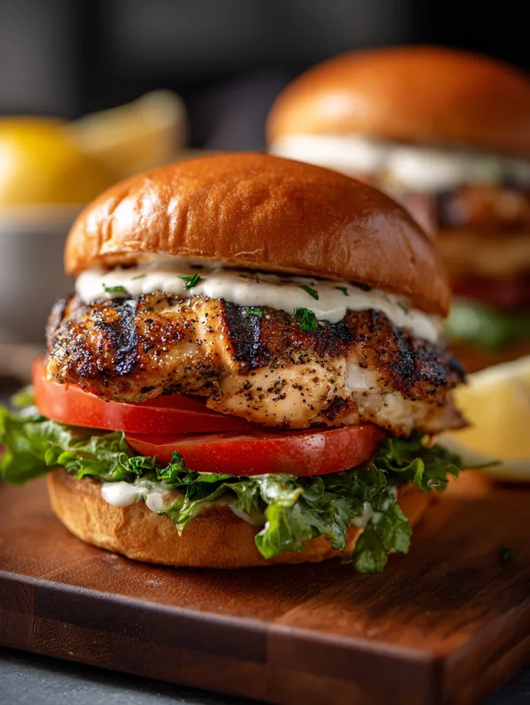Lemon pepper grilled chicken sandwich with lettuce, tomato, and creamy sauce.