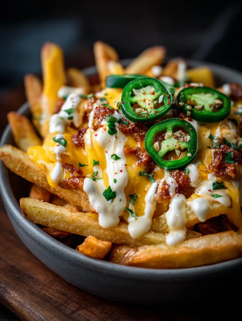 Louisiana voodoo fries topped with melted cheese, bacon bits, jalapeños, and creamy sauce.