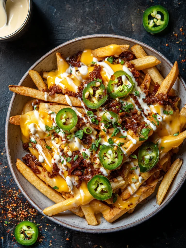 Louisiana voodoo fries topped with melted cheese, crispy bacon, jalapeños, and creamy sauce.