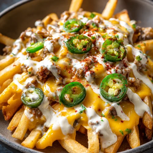 Louisiana voodoo fries loaded with melted cheese, jalapeños, seasoned meat, and creamy sauce.