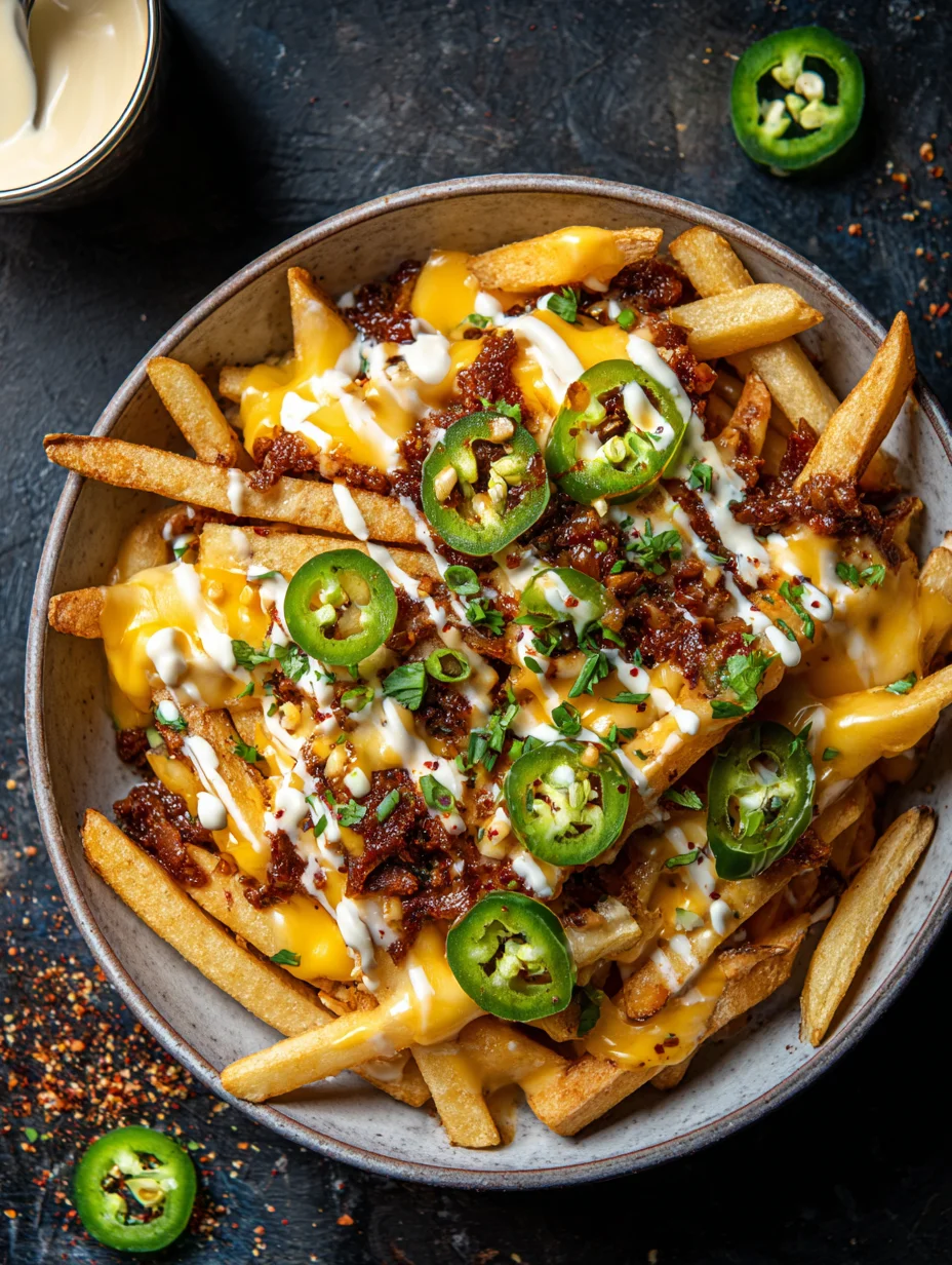 Louisiana voodoo fries topped with melted cheese, crispy bacon, jalapeños, and creamy sauce.