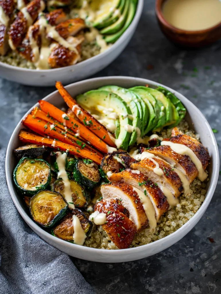 Maple Dijon chicken bowl with quinoa, roasted zucchini, carrots, avocado, and creamy dressing.