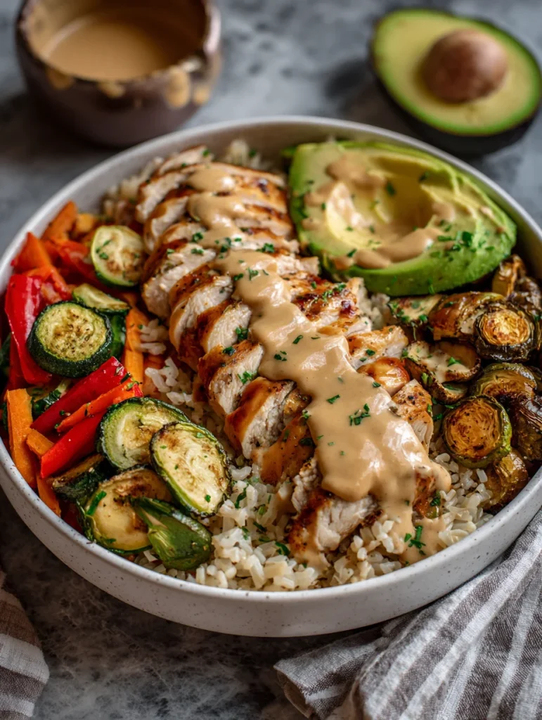 Maple Dijon chicken bowl with brown rice, roasted vegetables, avocado, and creamy dressing.