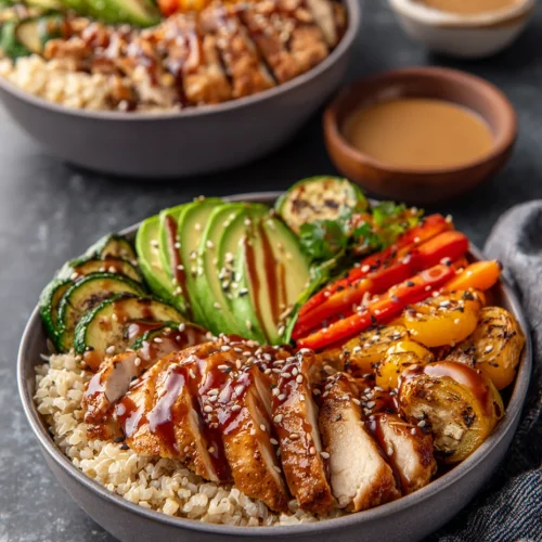 Maple Dijon chicken bowl with quinoa, roasted vegetables, avocado slices, and sesame glaze.