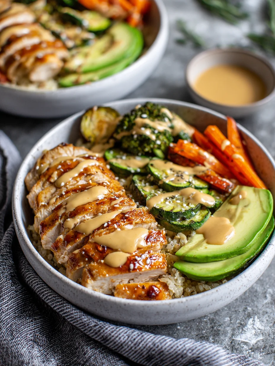 Maple Dijon chicken bowl with quinoa, roasted vegetables, avocado, and creamy dressing.