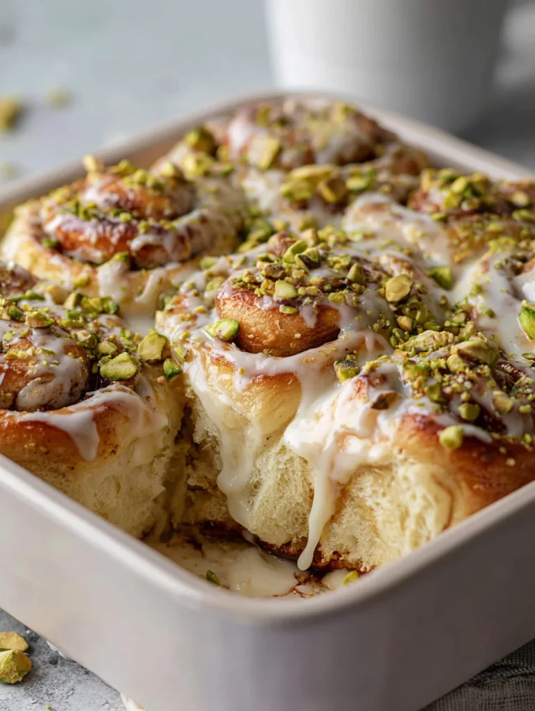 Pistachio cream cinnamon rolls with glaze and chopped pistachios in baking dish.