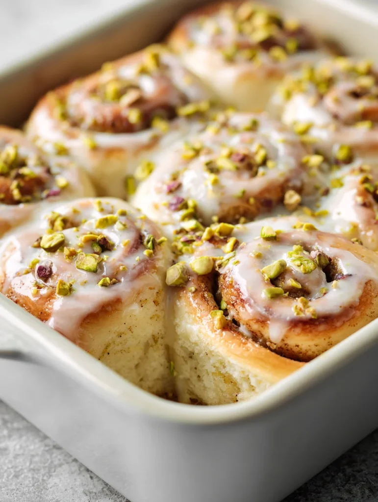 Fresh pistachio cream cinnamon rolls topped with icing and chopped pistachios.