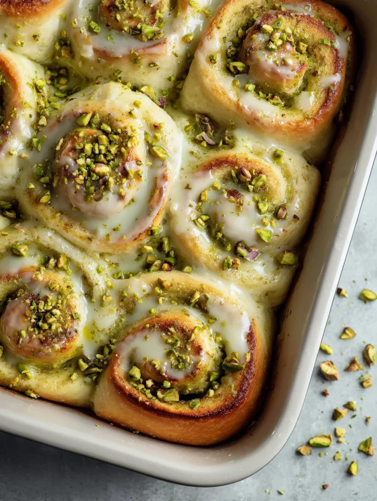 Pistachio cream cinnamon rolls topped with glaze and chopped pistachios.