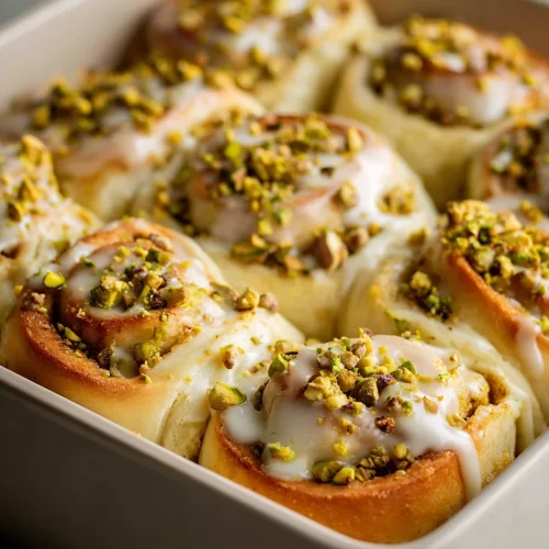 Homemade pistachio cream cinnamon rolls with icing and crushed pistachios.