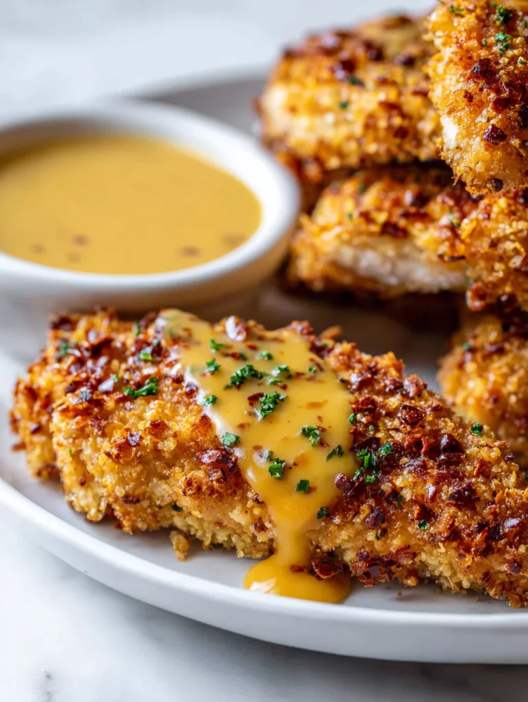 Pretzel-crusted chicken topped with mustard cheddar sauce served with dipping sauce.