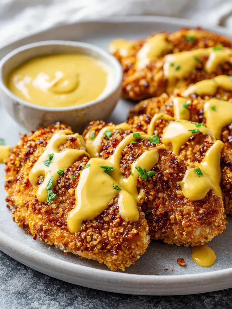 Crispy pretzel-crusted chicken bites drizzled with mustard cheddar sauce on a plate.