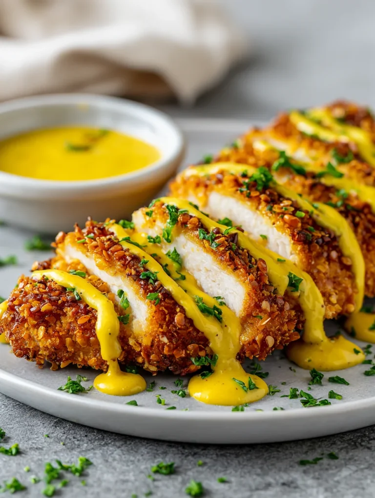 Pretzel-crusted chicken slices topped with mustard cheddar sauce and fresh herbs.