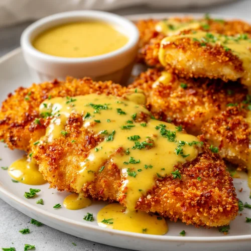 Pretzel-crusted chicken cutlets topped with mustard cheddar sauce and fresh herbs.
