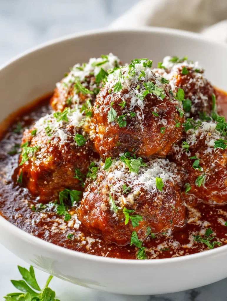 Close-up of ricotta meatballs in marinara sauce with parmesan and parsley garnish.