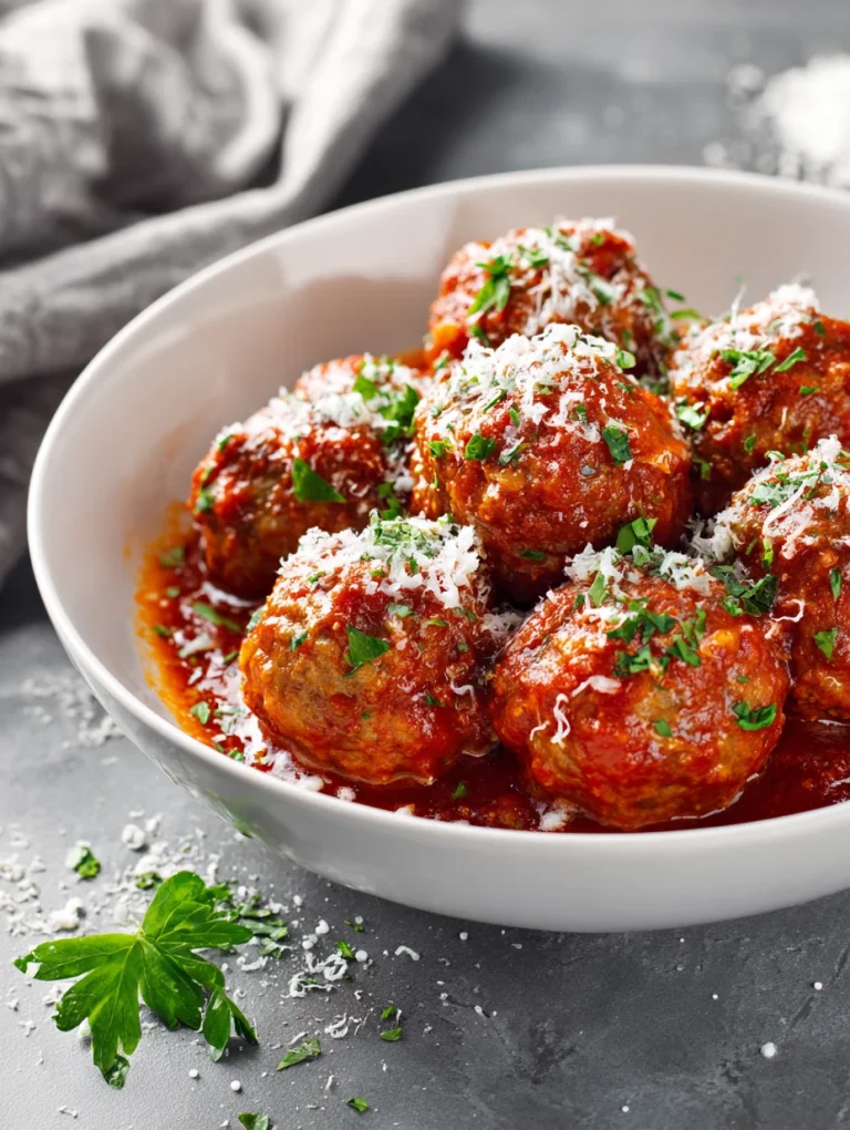 Ricotta meatballs in tomato sauce topped with parmesan cheese and fresh parsley.
