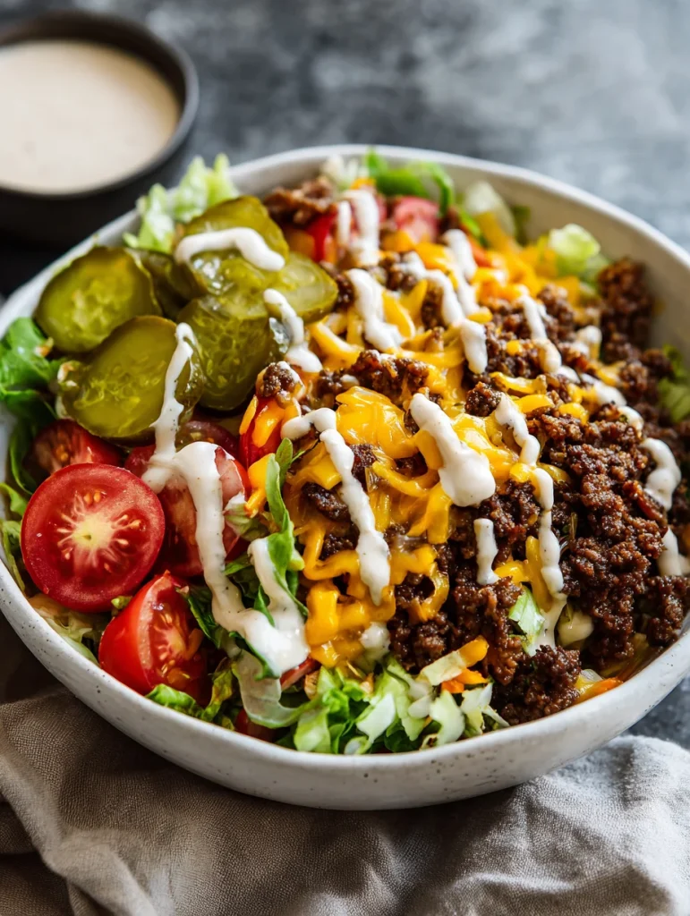 Smash burger bowl with ground beef, melted cheese, pickles, tomatoes, and creamy dressing.