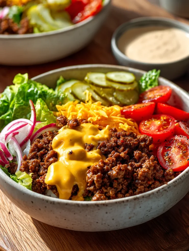 Smash burger bowl with ground beef, cheddar cheese, pickles, tomatoes, and lettuce.