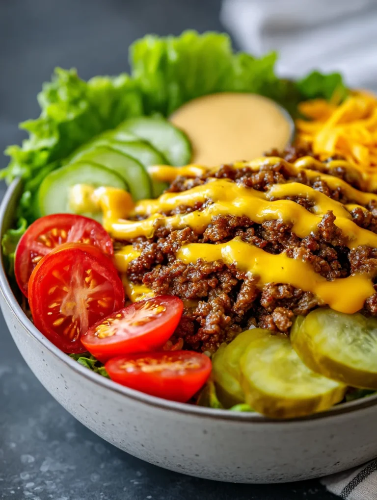 Smash burger bowl with ground beef, cheese sauce, lettuce, tomatoes, and pickles.