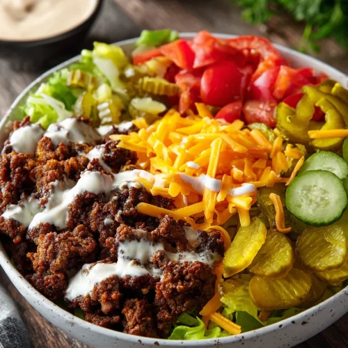 Smash burger bowl with ground beef, cheddar cheese, pickles, cucumbers, and tomatoes.