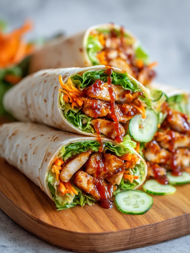 Sweet chili chicken wraps with lettuce, cucumber, and shredded carrots.