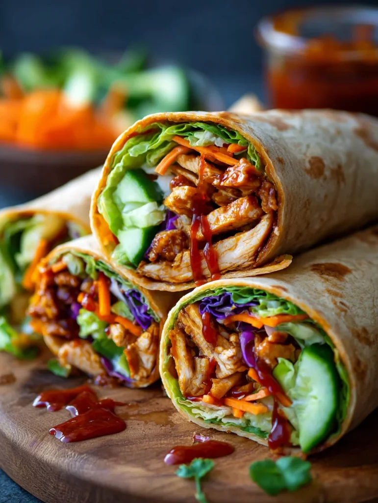 Sweet chili chicken wraps with cucumber, cabbage, and carrots.
