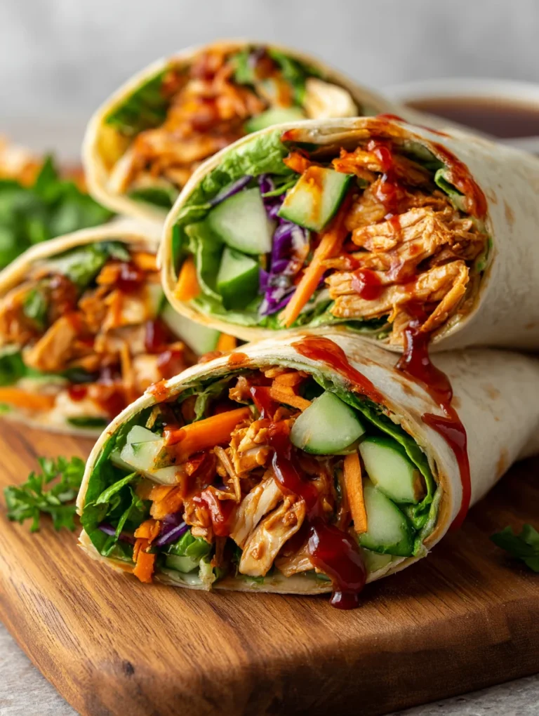 Sweet chili chicken wraps filled with vegetables and shredded chicken.