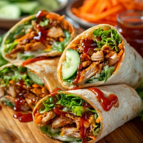 Sweet chili chicken wraps with lettuce, cucumber, and carrots.