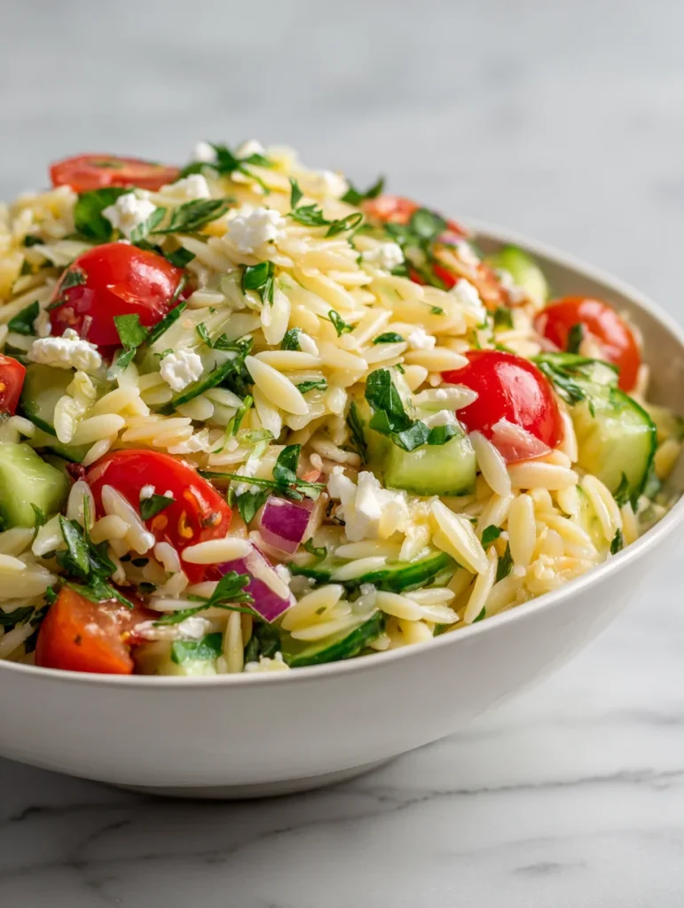 Lemon orzo salad with cherry tomatoes, cucumber, feta cheese, and fresh herbs.