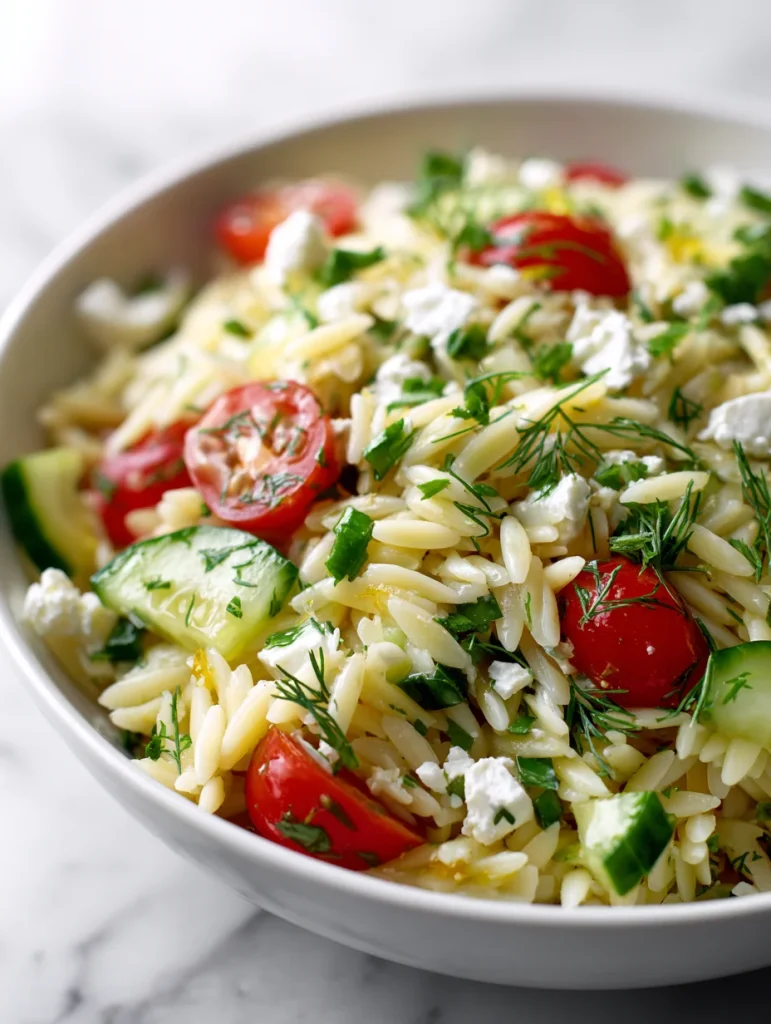 Lemon orzo salad with cucumber, cherry tomatoes, feta cheese, and fresh dill.