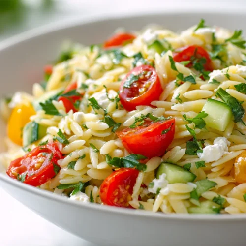 Lemon orzo salad with cherry tomatoes, cucumber, feta cheese, and fresh herbs.