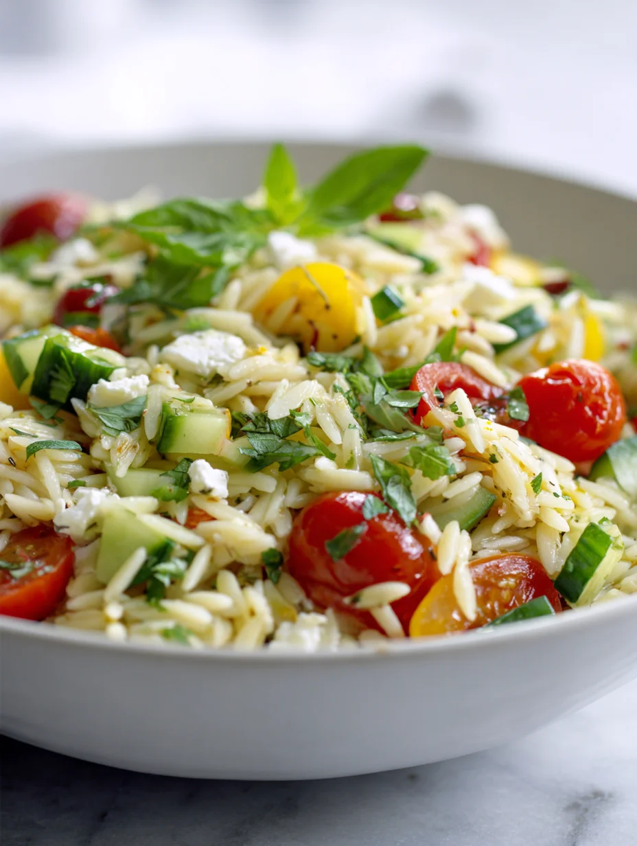 Lemon orzo salad with cucumbers, cherry tomatoes, feta, and fresh herbs.