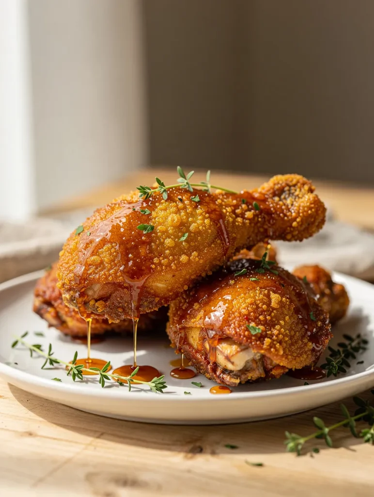 Crispy baked hot honey chicken drumsticks with golden crust and honey drizzle