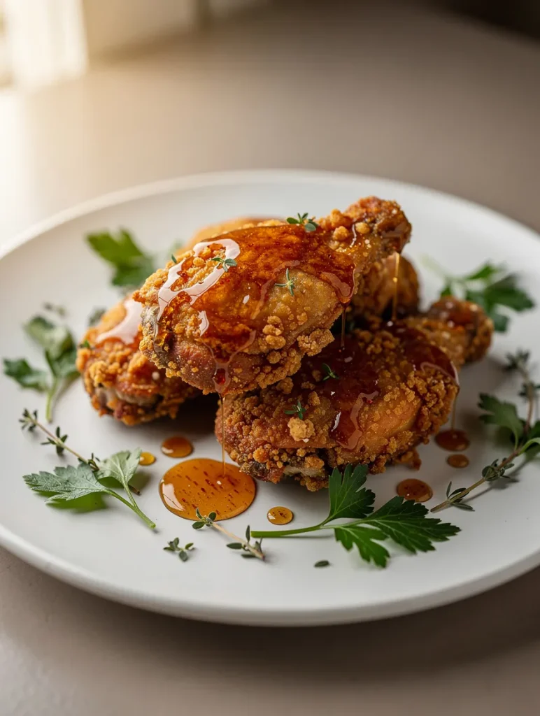 Crispy baked hot honey chicken pieces with golden coating and honey drizzle