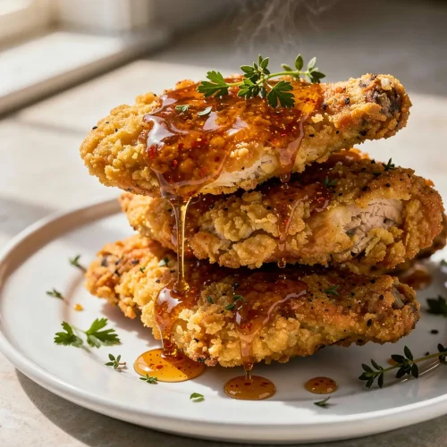 Stacked crispy hot honey chicken with golden crust and dripping honey sauce