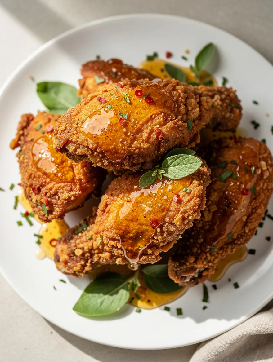 Baked crunchy hot honey chicken with crispy coating and honey drizzle