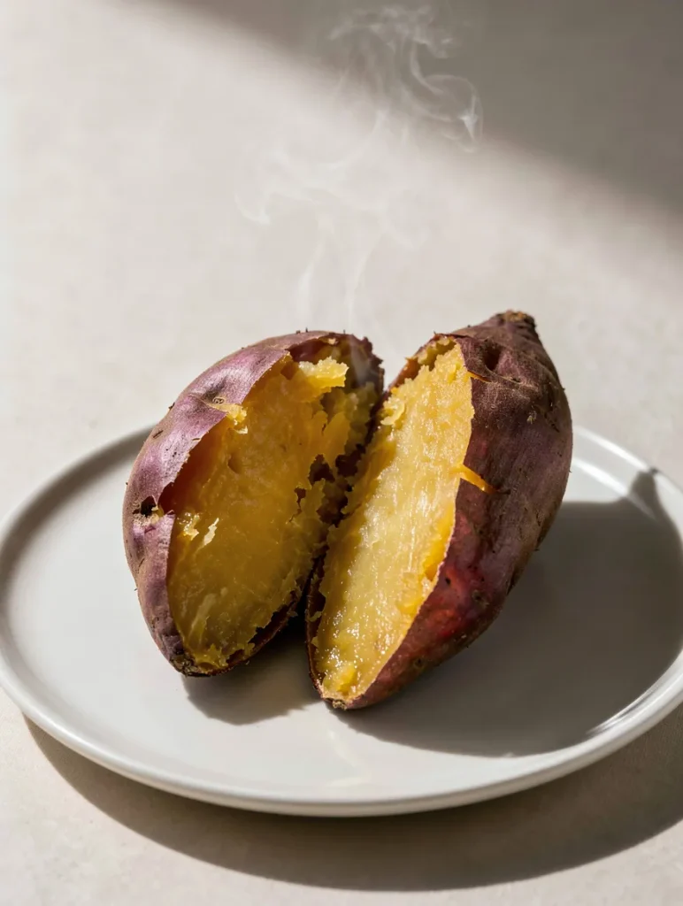 Steaming baked Japanese sweet potato split open on a plate