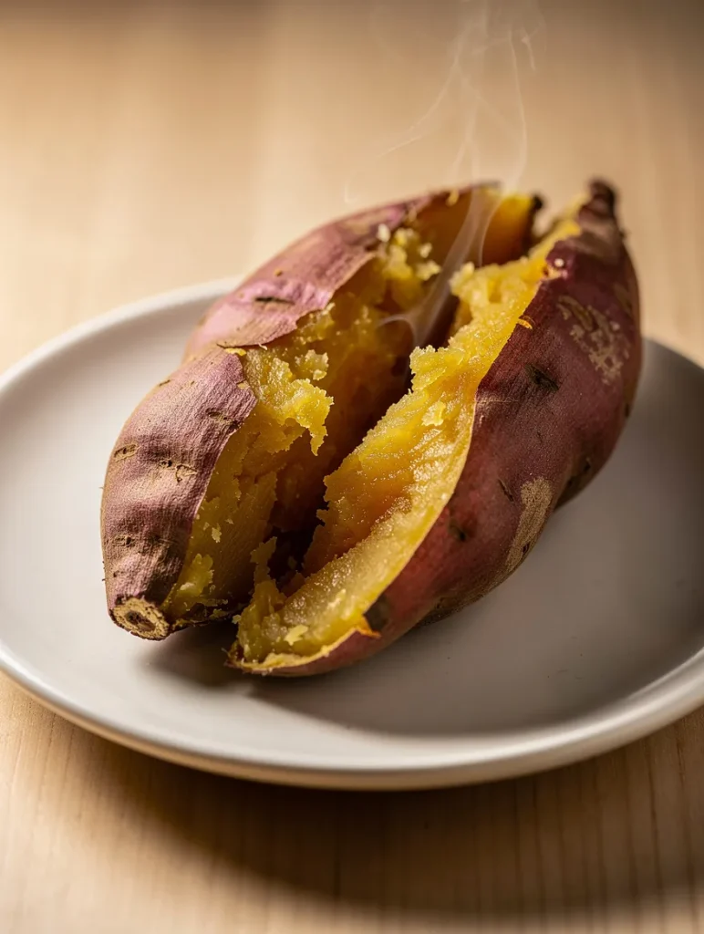 Hot baked Japanese sweet potato split open with soft golden interior