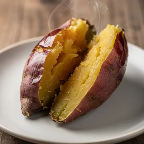 Steaming baked Japanese sweet potato with soft golden interior on a plate