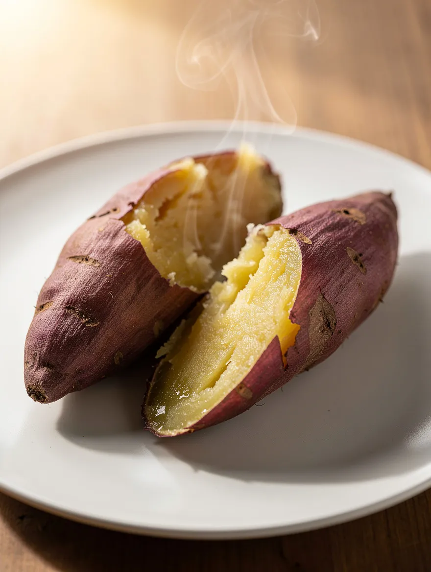 Baked Japanese sweet potato split open with soft fluffy interior