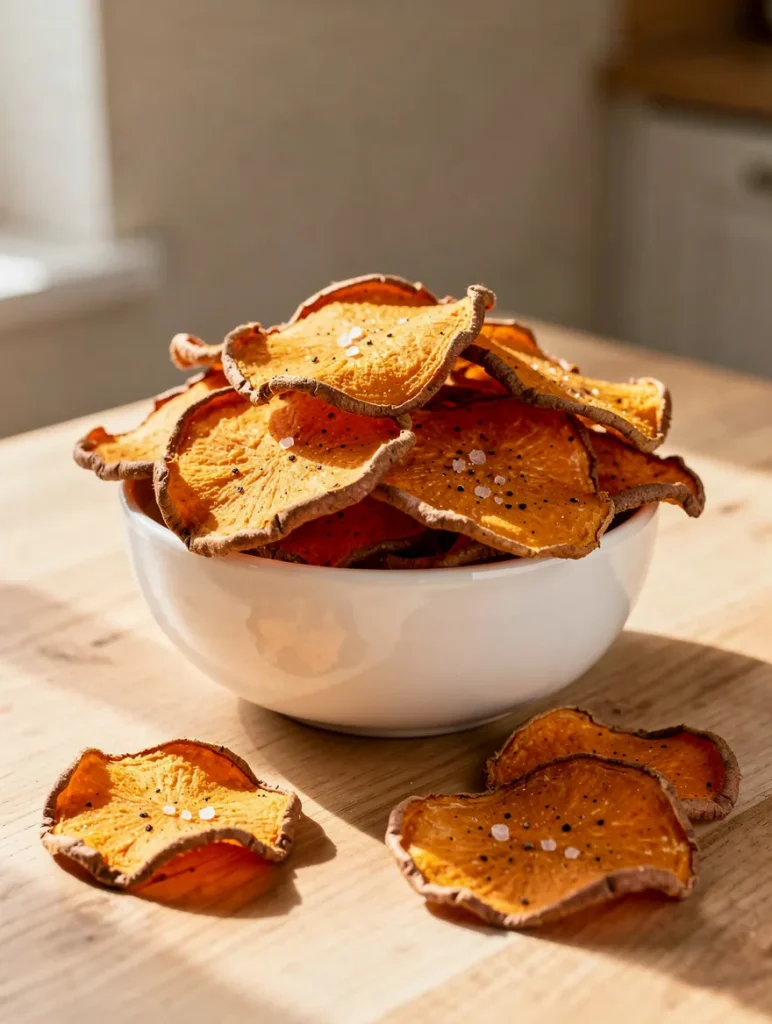 Homemade baked sweet potato chips with sea salt in a white bowl