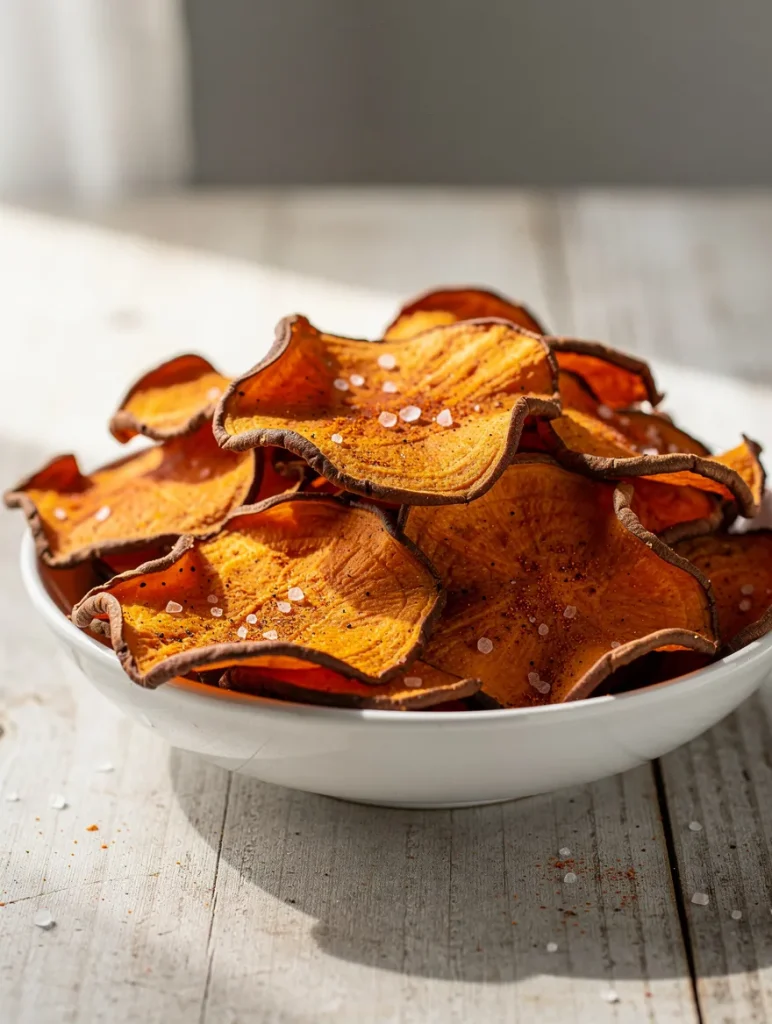 Crispy baked sweet potato chips with sea salt in a white bowl