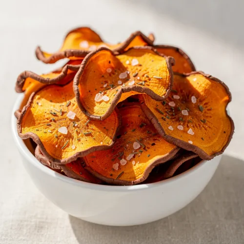 Baked sweet potato chips with sea salt and herbs in a white bowl
