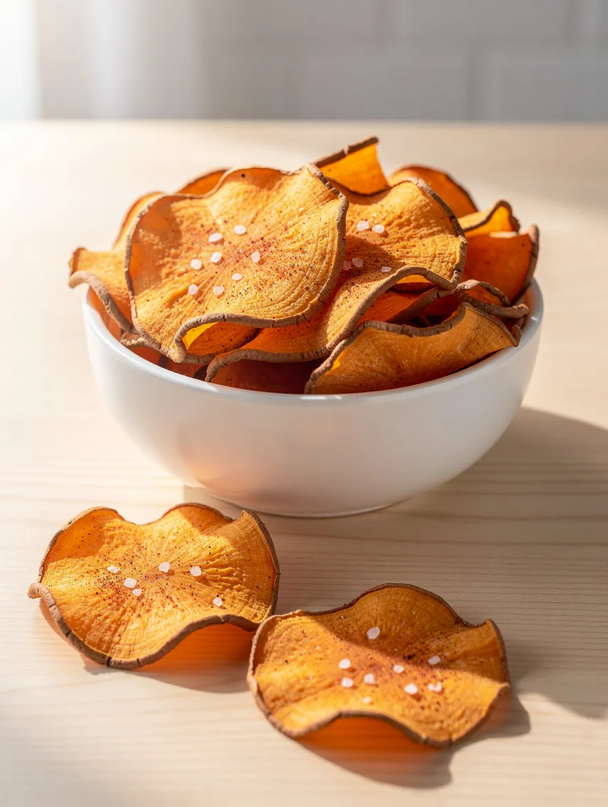 Baked sweet potato chips in a bowl with sea salt seasoning
