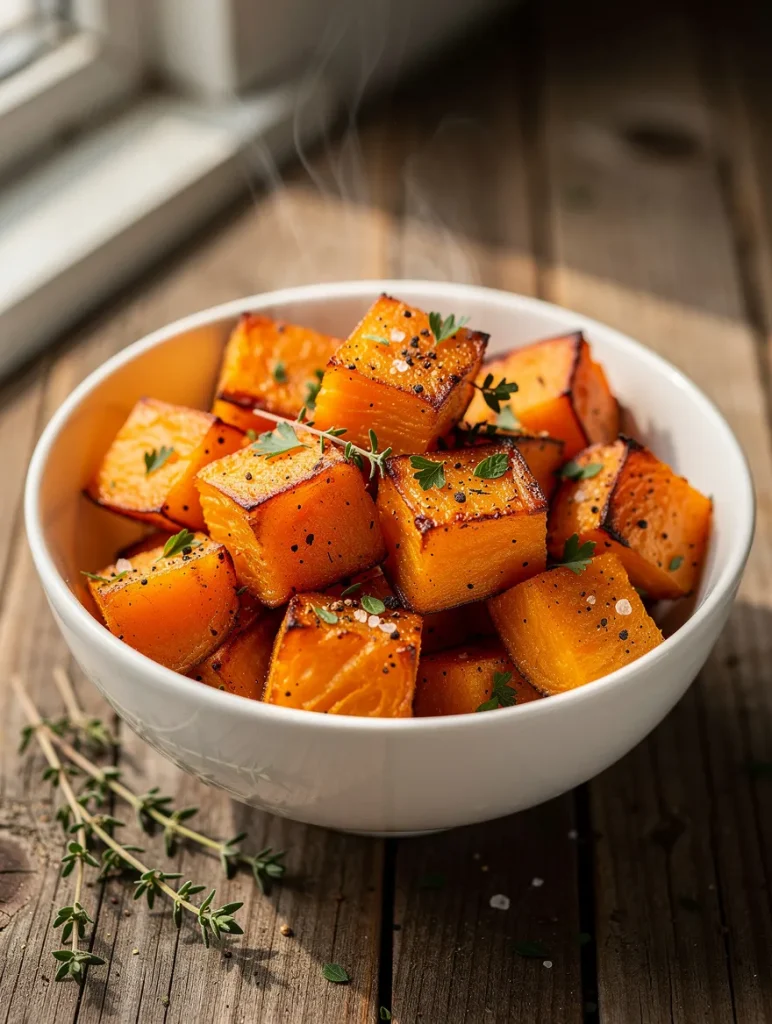 Roasted sweet potato cubes with herbs and seasoning in a bowl