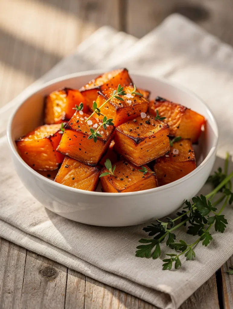 Crispy baked sweet potato cubes with herbs in a white bowl