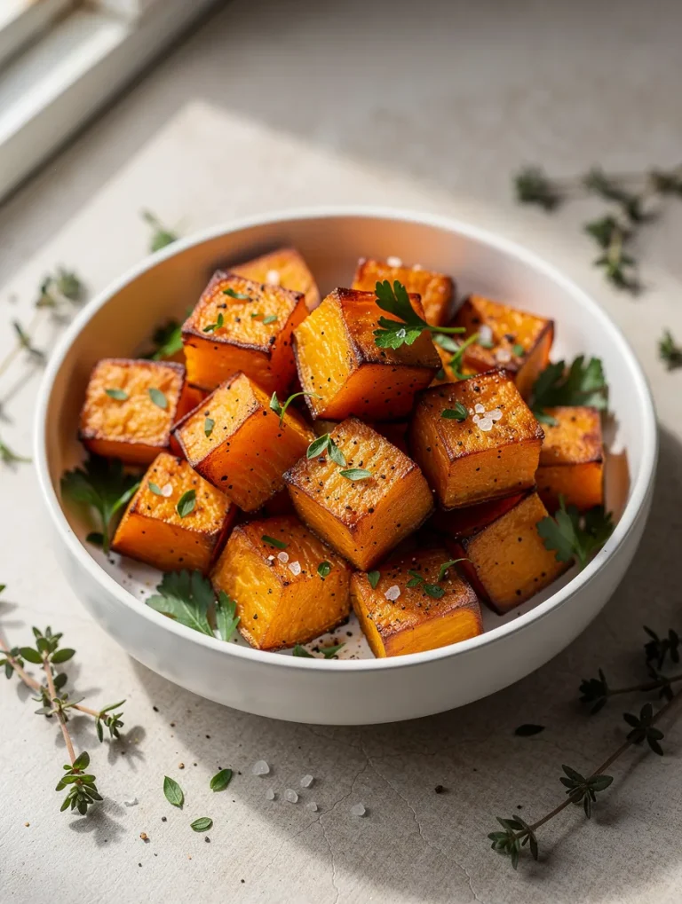 Baked sweet potato cubes with herbs and sea salt in a bowl