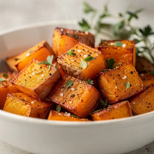 Roasted sweet potato cubes with crispy edges and herbs in a bowl